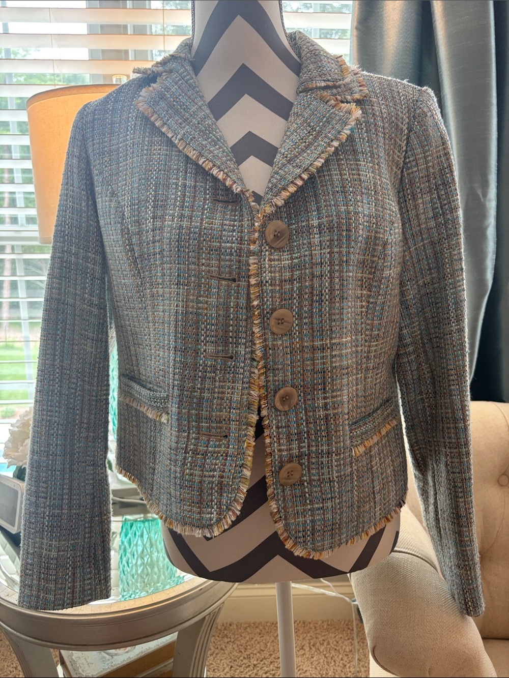Pendleton Blue Multi Tweed Fringe-Trim Jacket
